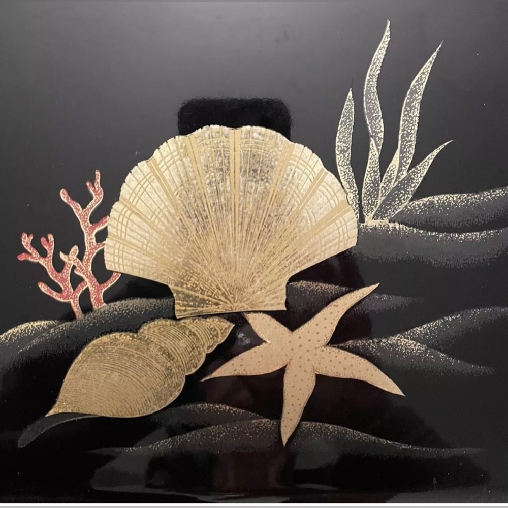 Decorative Seashell Serving Rectangular Tray Black Lacquer Otagiri Japan VNTG